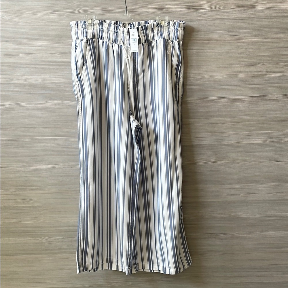 LOFT NEW Emory Pull on Elastic Waist Striped Blue White Wide Leg Pants - Medium